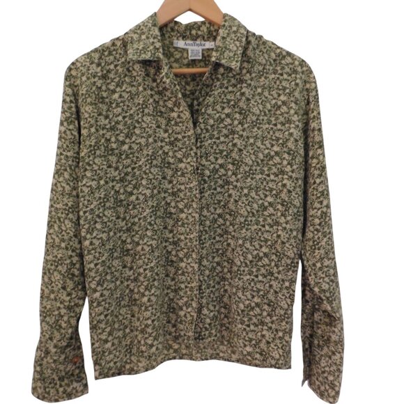 Ann Taylor Tops - Ann Taylor‎ Womens Silk button front top Olive Green Beige Floral Size 2